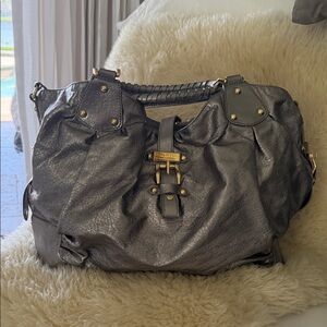 Halston Heritage Metallic Charcoal Shoulder Satchel with Gold Accents